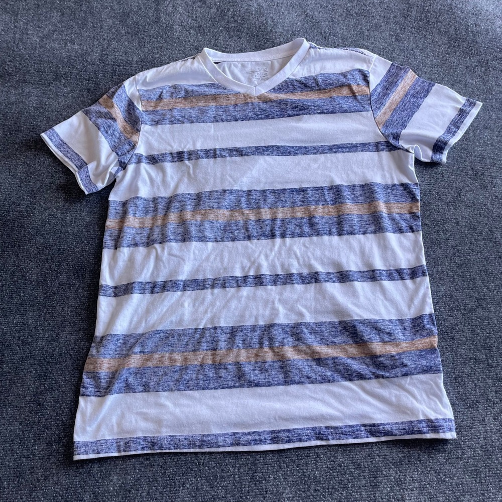 Blue Crown Mens XL V-Neck T-Shirt Blue Brown White Striped Short Sleeve Tee